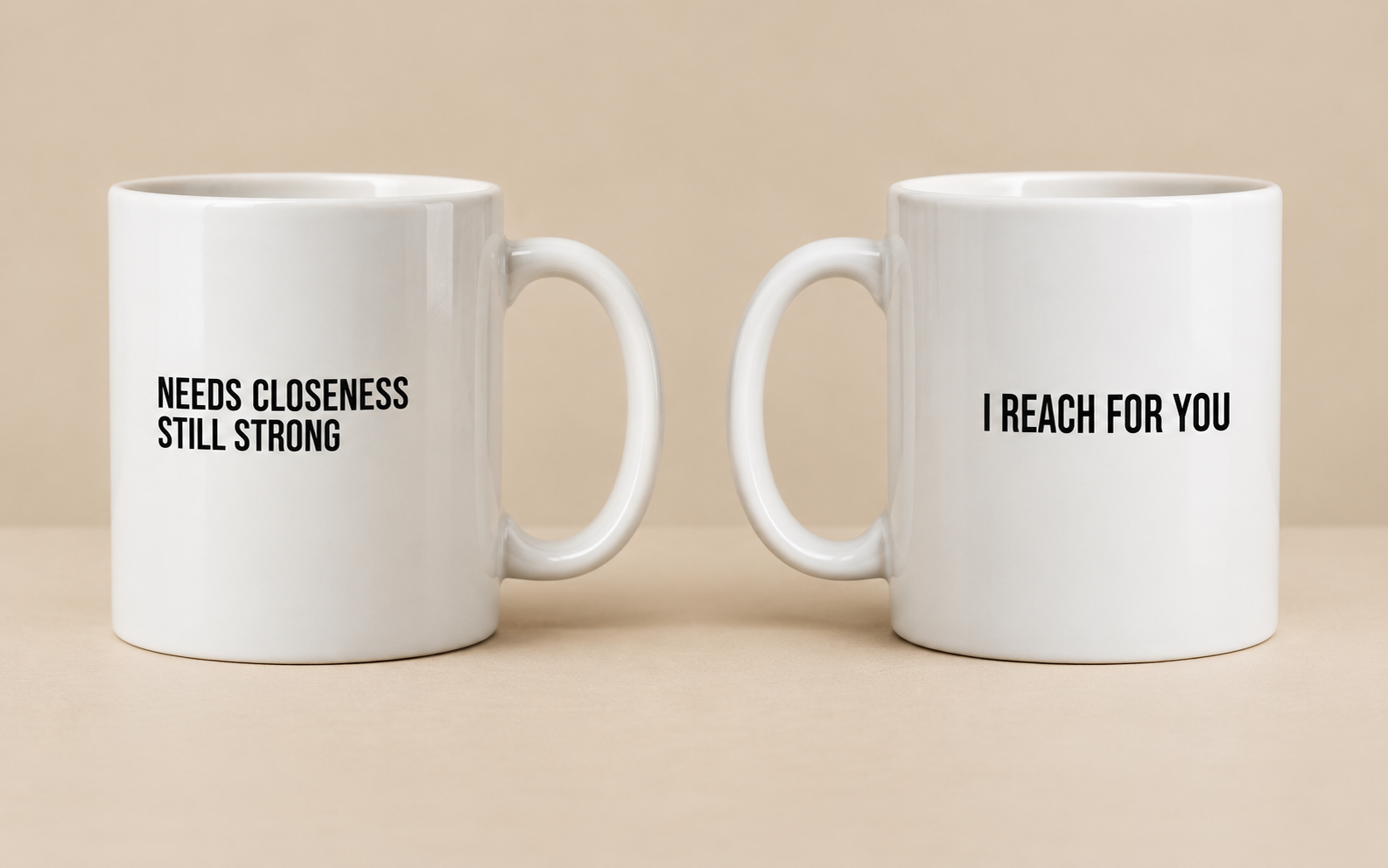The As We Are 20 oz mug shown from two angles: attachment-style wording on one side, love-language wording on the other